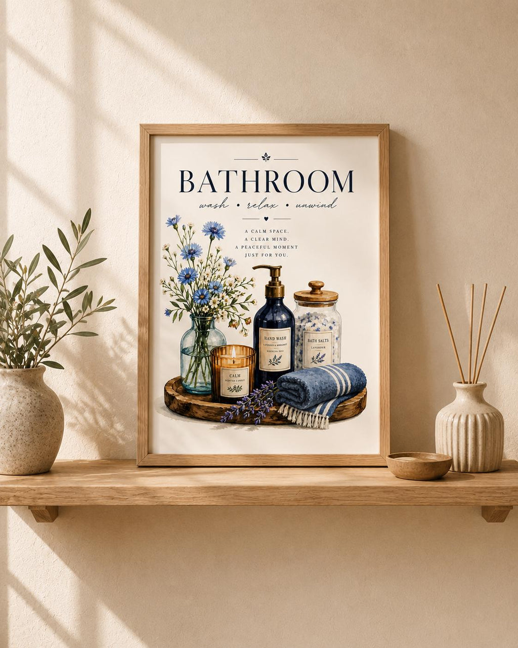 Blue botanical bathroom wall art styled room