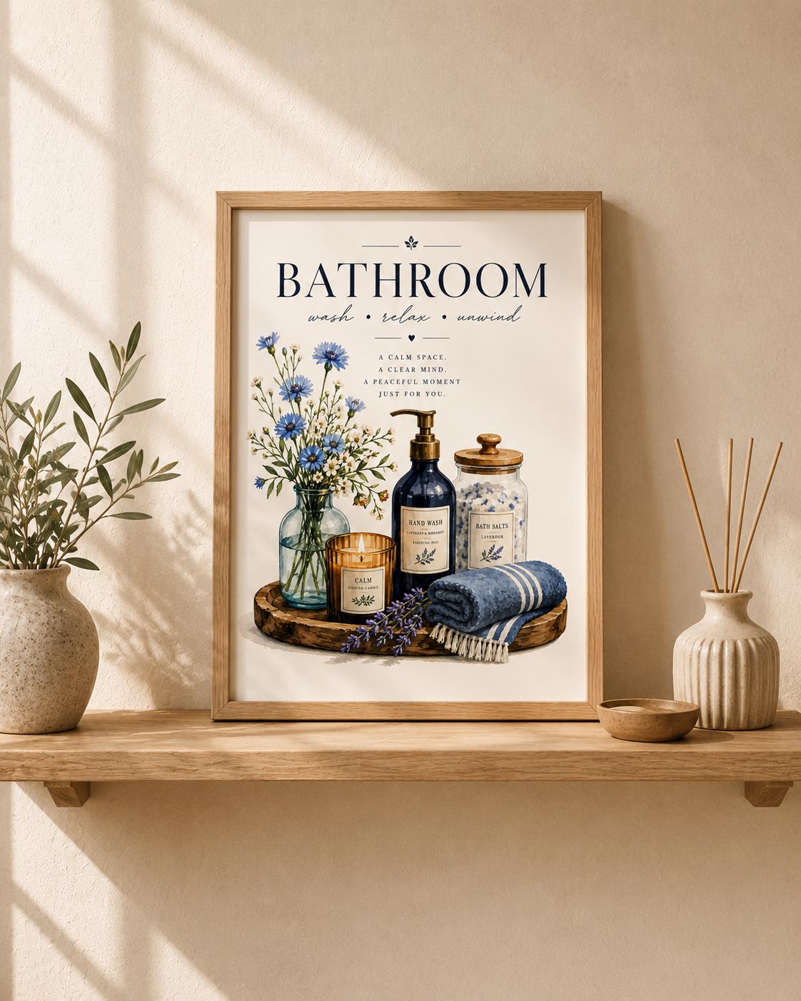 Blue botanical bathroom wall art styled room