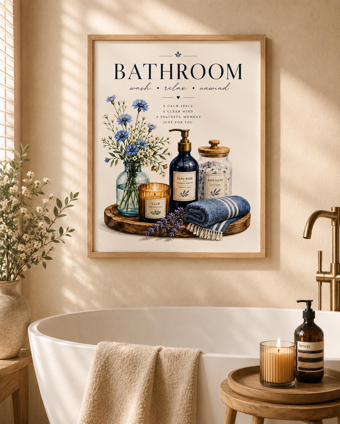 Blue floral bathroom print lifestyle mockup