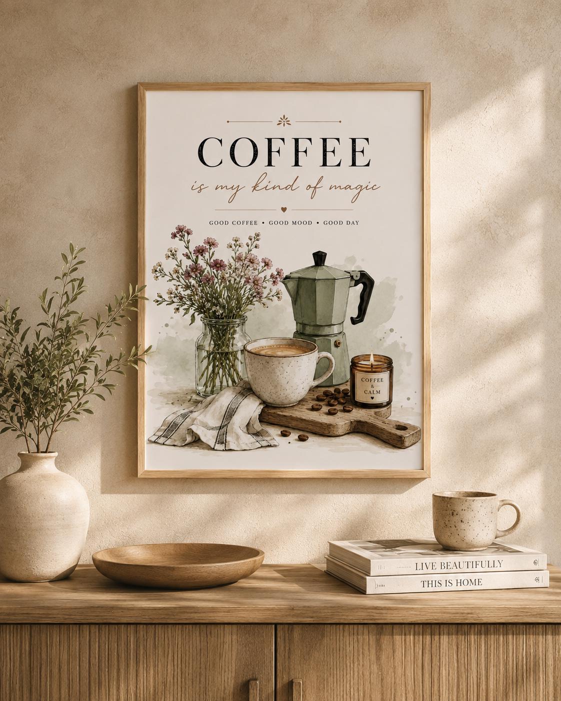 Framed Coffee Wall Art Print, Neutral Kitchen Decor, Coffee Bar Wall Decor, Scandinavian Cafe Artwork, Modern Farmhouse Gift