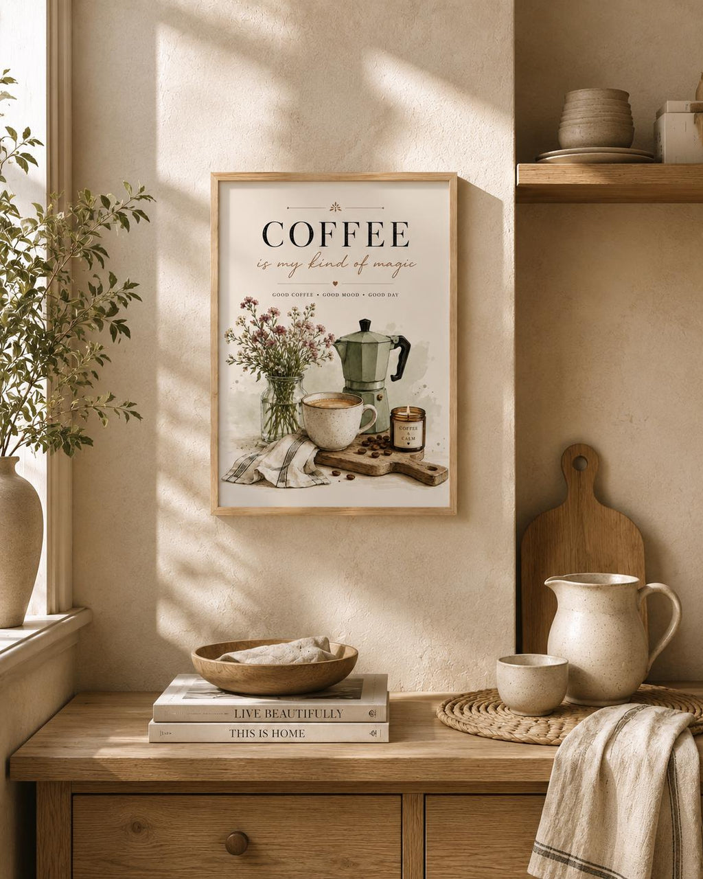 Framed Coffee Wall Art Print, Neutral Kitchen Decor, Coffee Bar Wall Decor, Scandinavian Cafe Artwork, Modern Farmhouse Gift