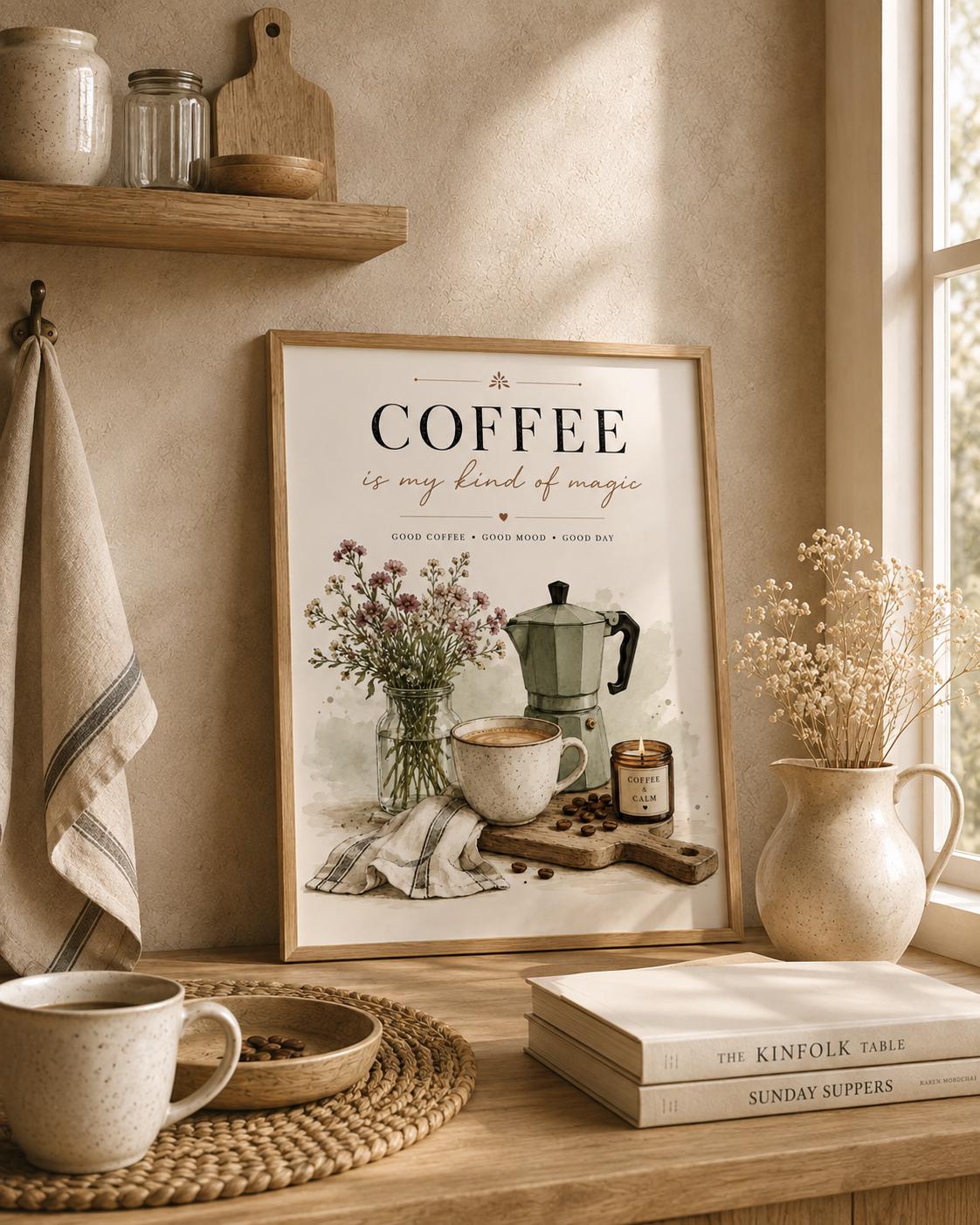 Framed Coffee Wall Art Print, Neutral Kitchen Decor, Coffee Bar Wall Decor, Scandinavian Cafe Artwork, Modern Farmhouse Gift