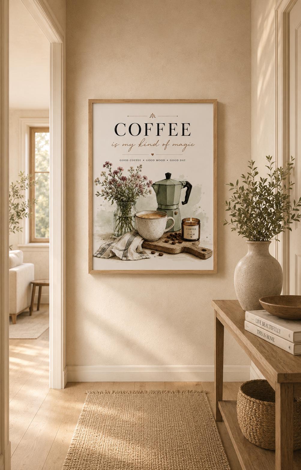 Framed Coffee Wall Art Print, Neutral Kitchen Decor, Coffee Bar Wall Decor, Scandinavian Cafe Artwork, Modern Farmhouse Gift