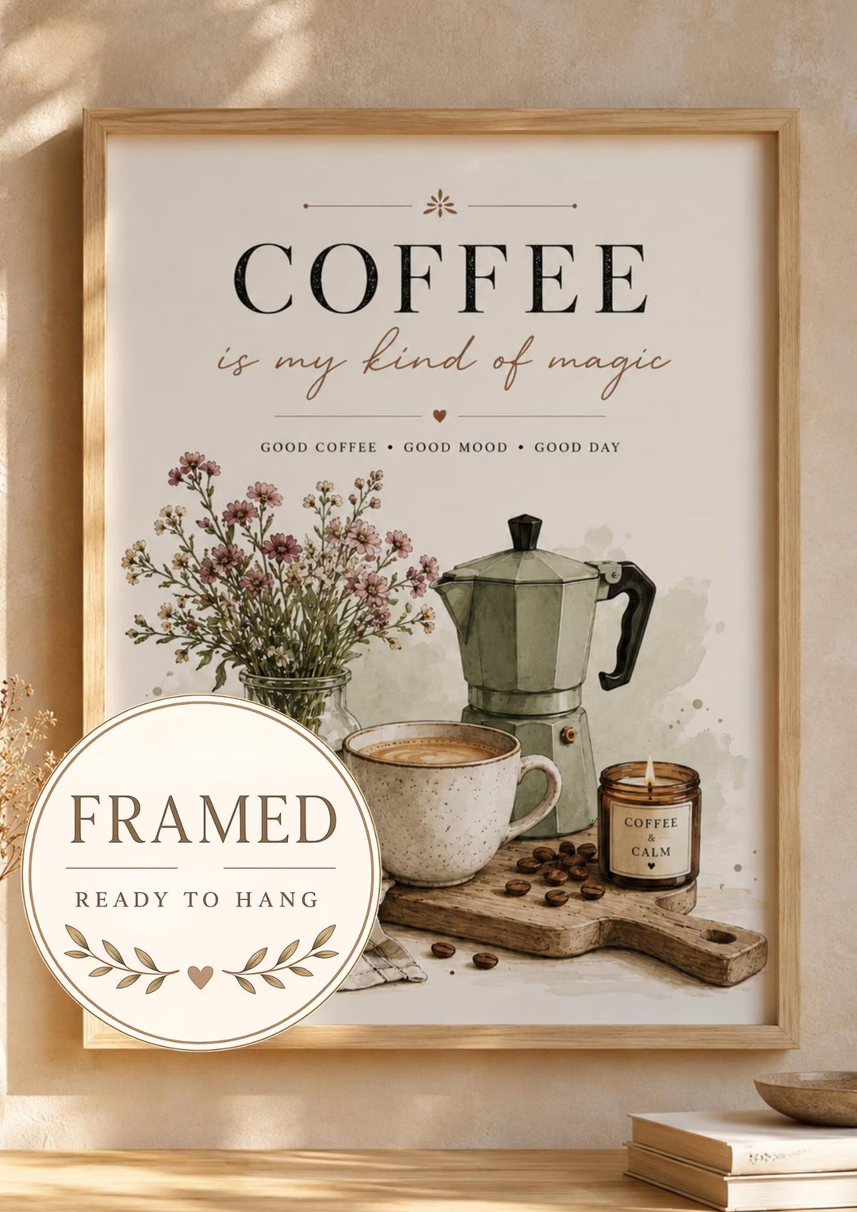 Framed Coffee Wall Art Print, Neutral Kitchen Decor, Coffee Bar Wall Decor, Scandinavian Cafe Artwork, Modern Farmhouse Gift