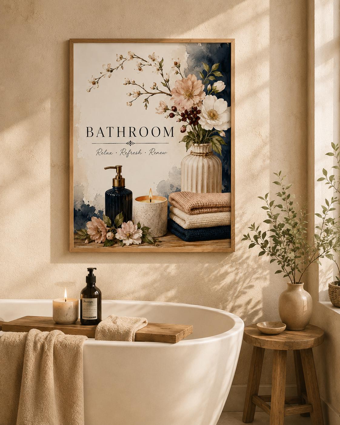 Framed floral bathroom print lifestyle mockup