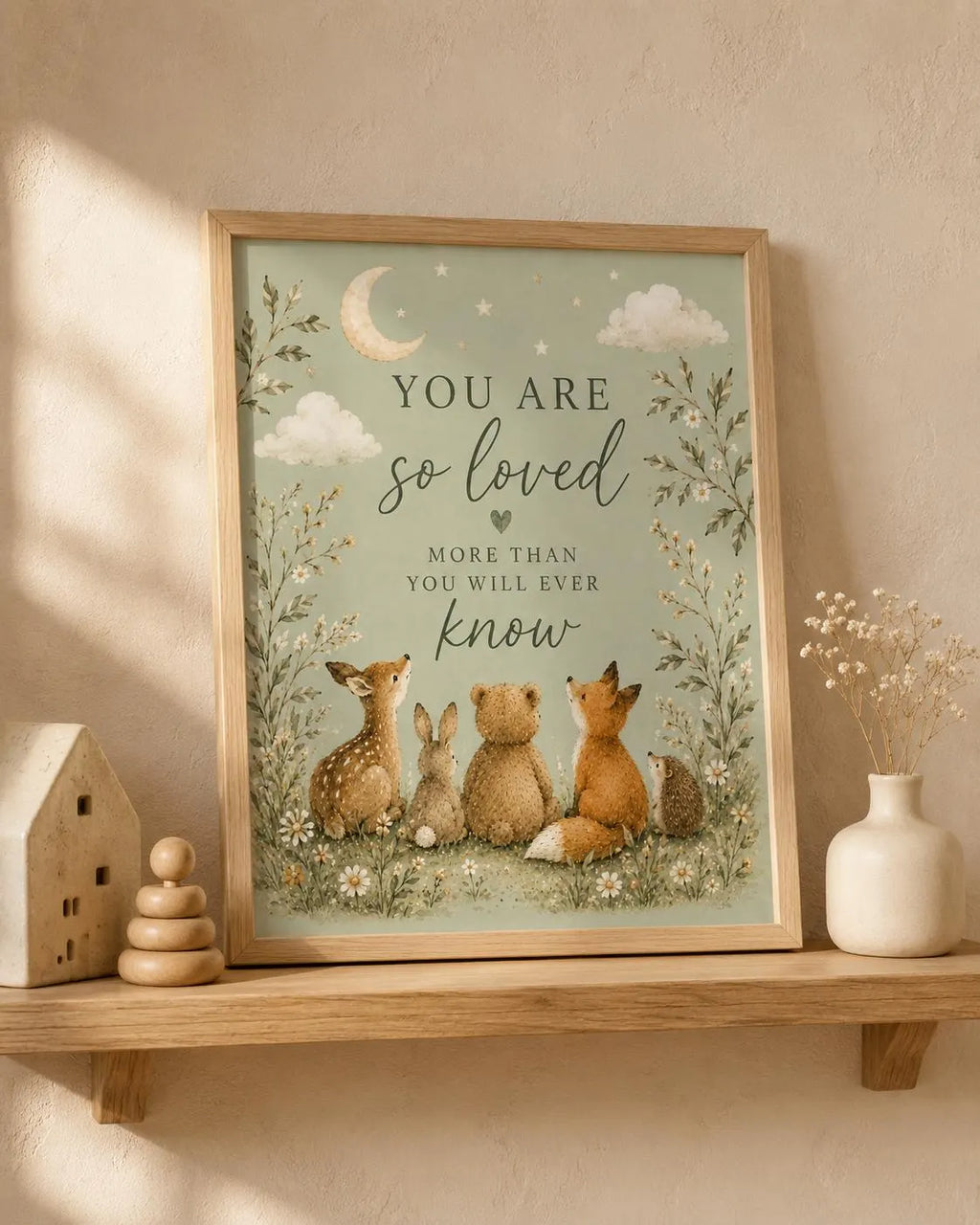 Woodland Nursery Wall Art Print, You Are So Loved Quote, Sage Green Baby Room Decor