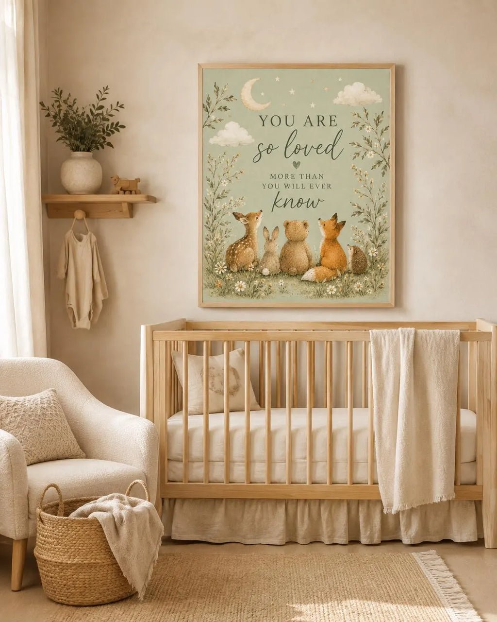 Woodland Nursery Wall Art Print, You Are So Loved Quote, Sage Green Baby Room Decor