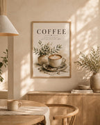 Framed coffee wall art styled in a neutral kitchen