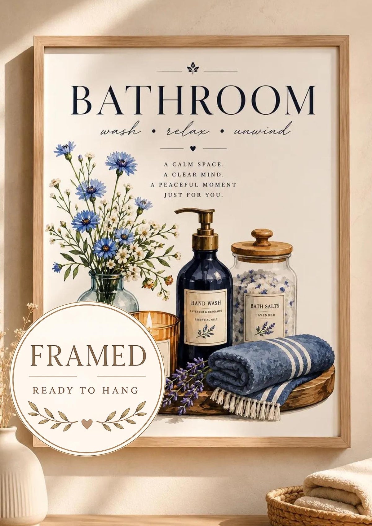 Framed blue floral bathroom wall art front image