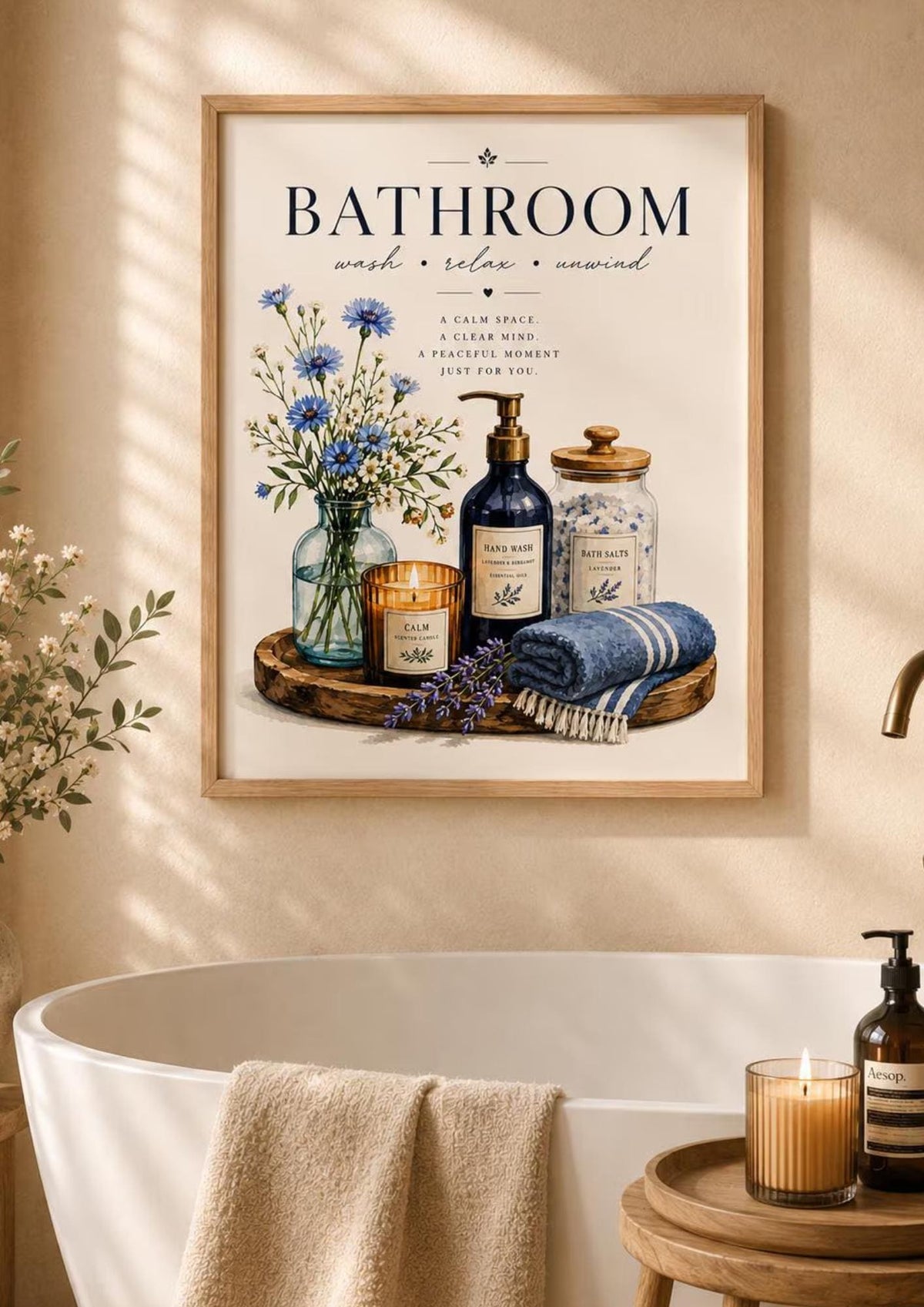 Blue floral spa wall art styled in a neutral bathroom