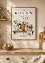Framed Kitchen Wall Art, Heart of the Home Quote, Neutral Farmhouse Botanical Print, Housewarming Gift