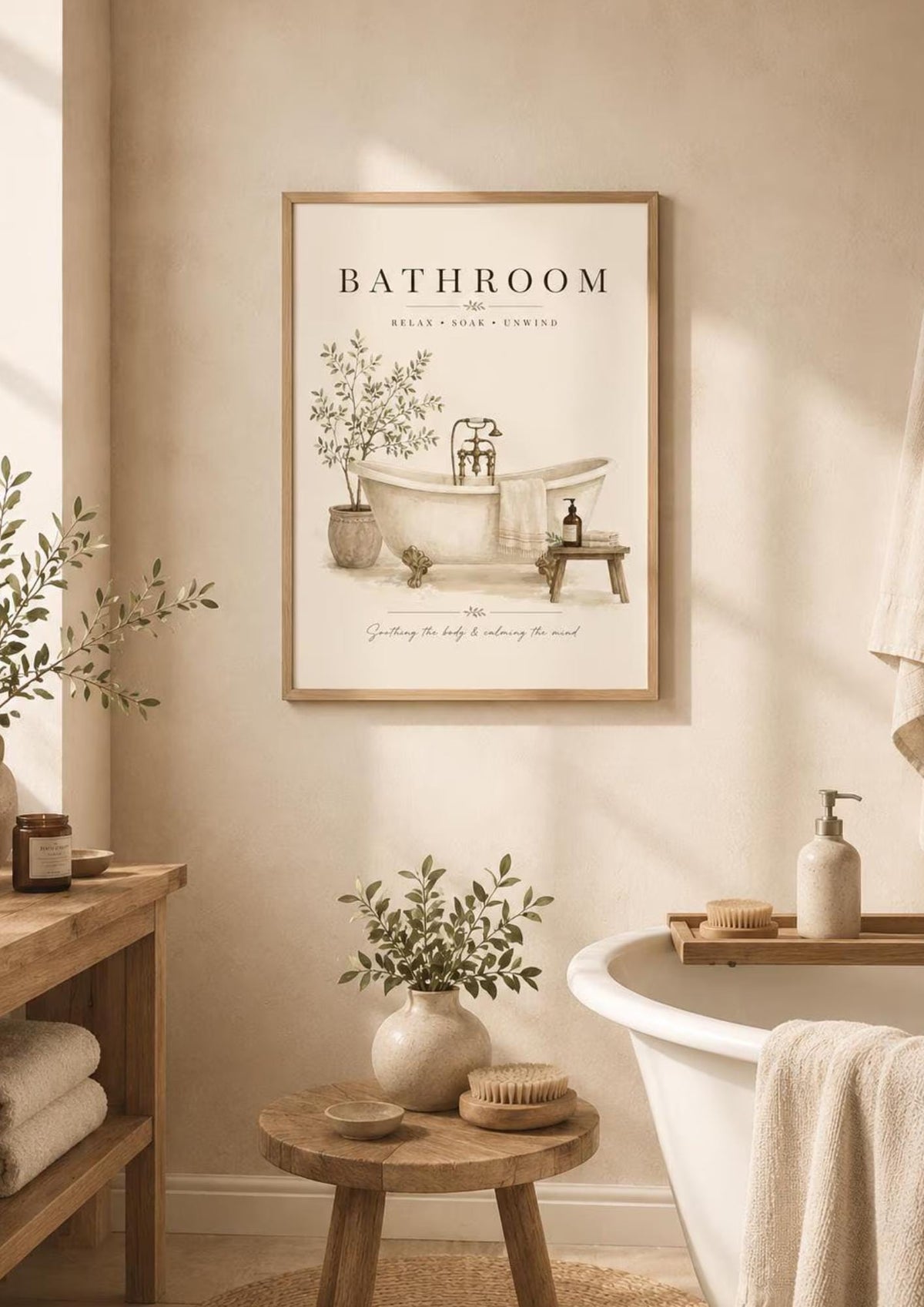 Neutral farmhouse bath wall art room mockup