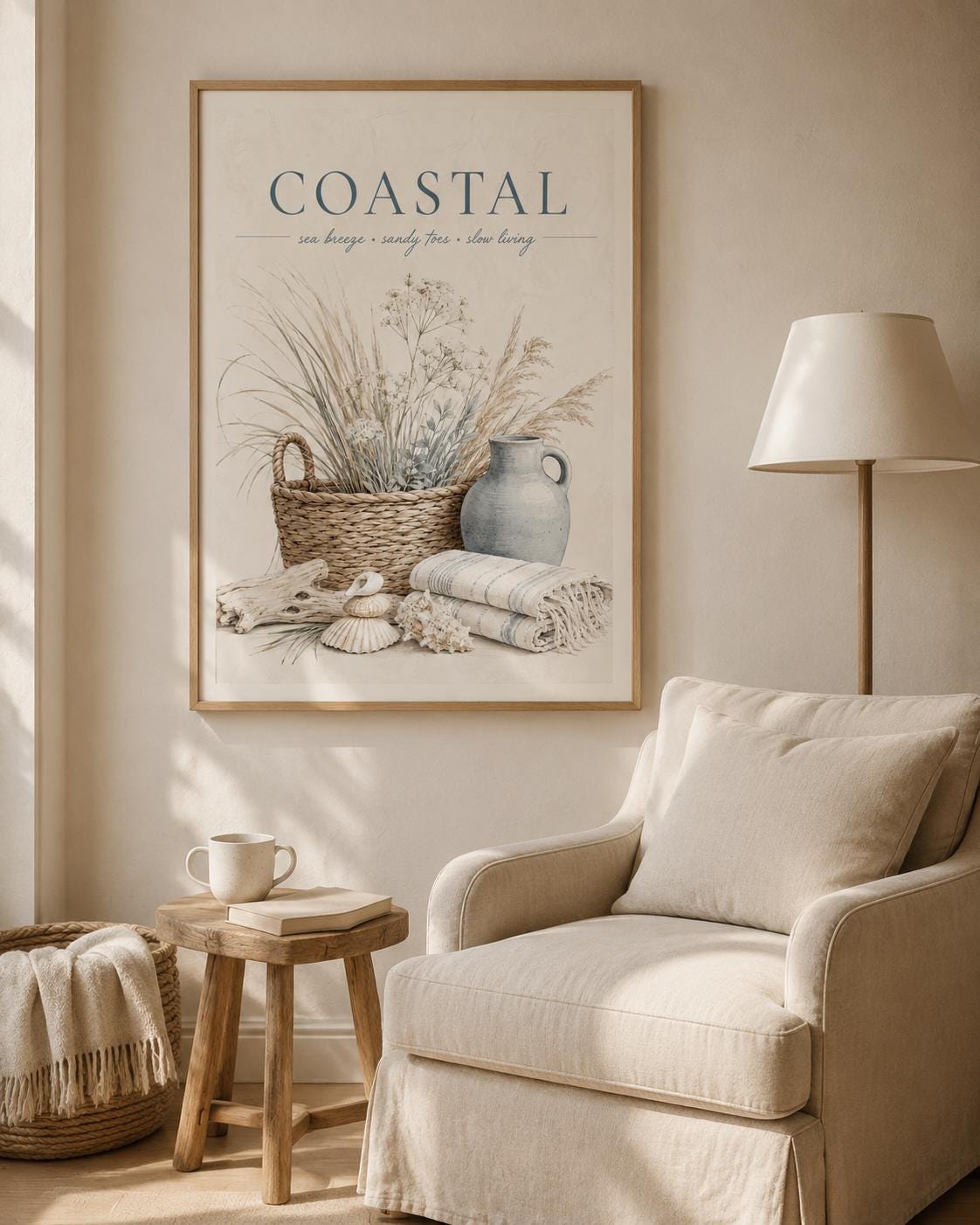 Coastal wall art styled in a warm neutral interior