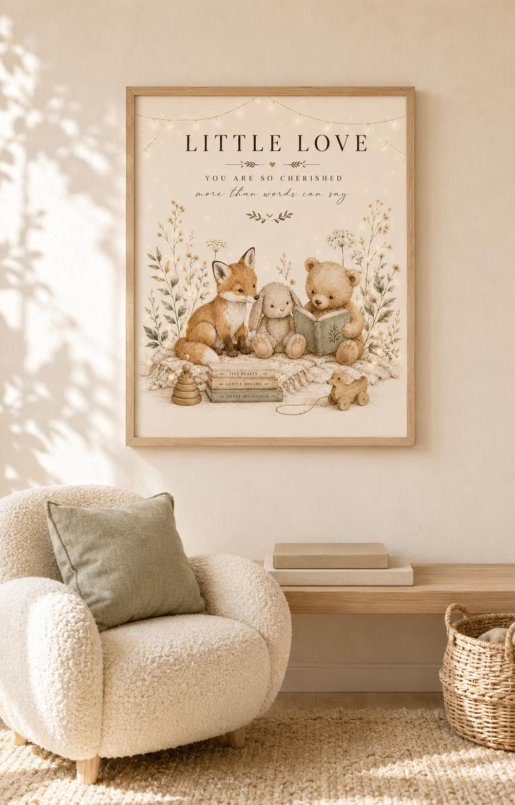 Framed Woodland Nursery Print, Neutral Baby Room Art with Fox Bunny and Bear, Little Love New Baby Gift, Scandinavian Children's Decor