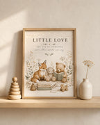 Framed Woodland Nursery Print, Neutral Baby Room Art with Fox Bunny and Bear, Little Love New Baby Gift, Scandinavian Children's Decor