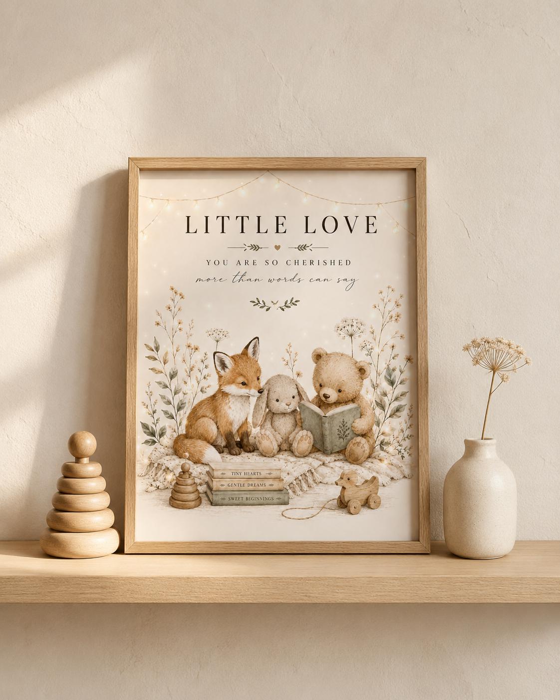 Framed Woodland Nursery Print, Neutral Baby Room Art with Fox Bunny and Bear, Little Love New Baby Gift, Scandinavian Children's Decor