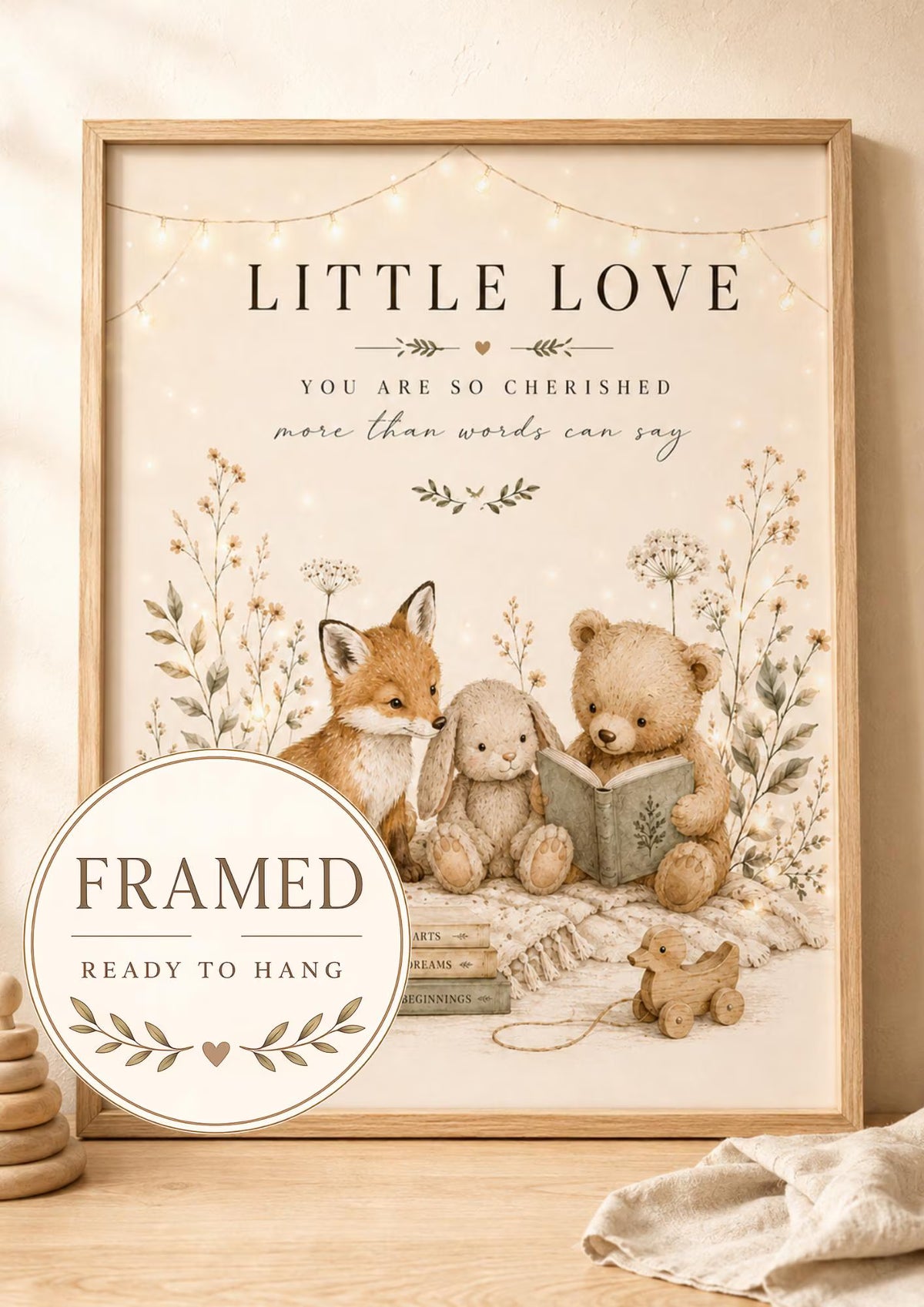 Framed Woodland Nursery Print, Neutral Baby Room Art with Fox Bunny and Bear, Little Love New Baby Gift, Scandinavian Children's Decor