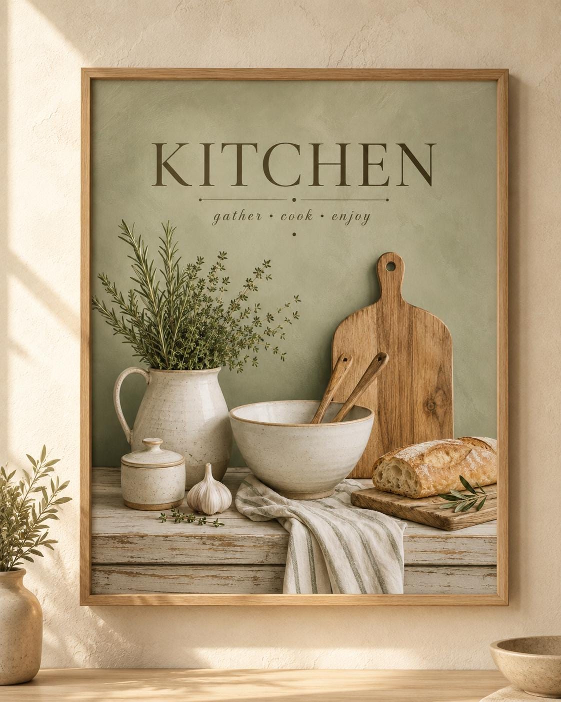 Sage green Kitchen gather cook enjoy artwork with herbs, ceramic jug, mixing bowl, wooden utensils, bread and garlic; print only, frame not included