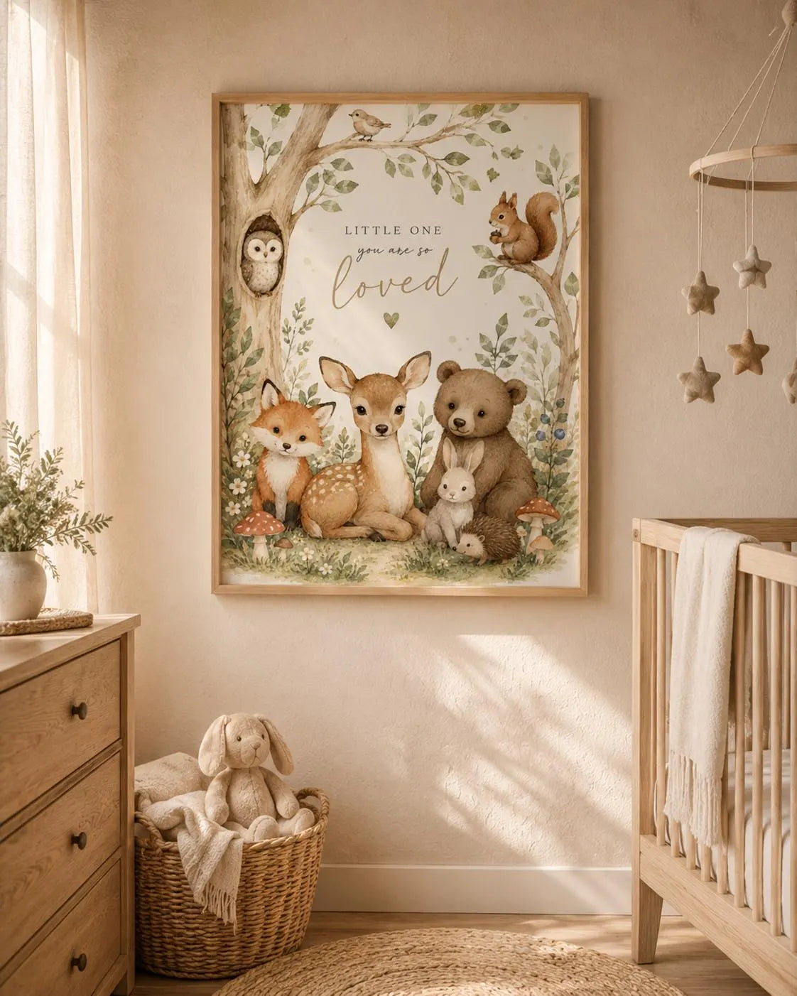Woodland Nursery Wall Art Print, Neutral Watercolour Baby Room Decor with Fox, Deer, Bear & Bunny