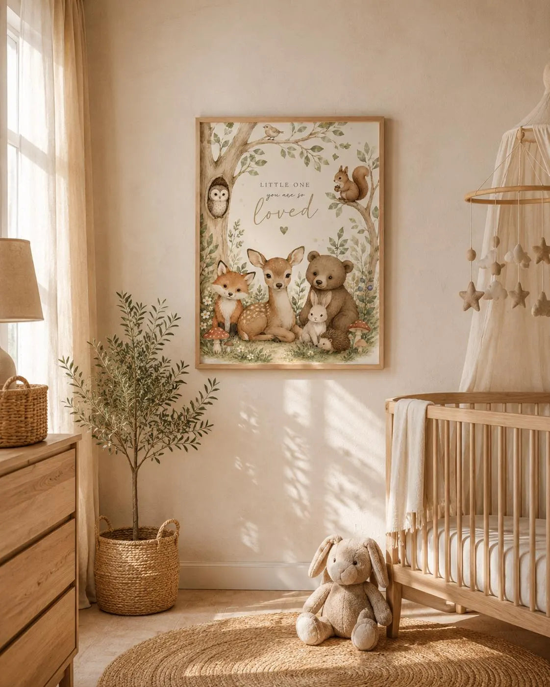 Woodland Nursery Wall Art Print, Neutral Watercolour Baby Room Decor with Fox, Deer, Bear & Bunny