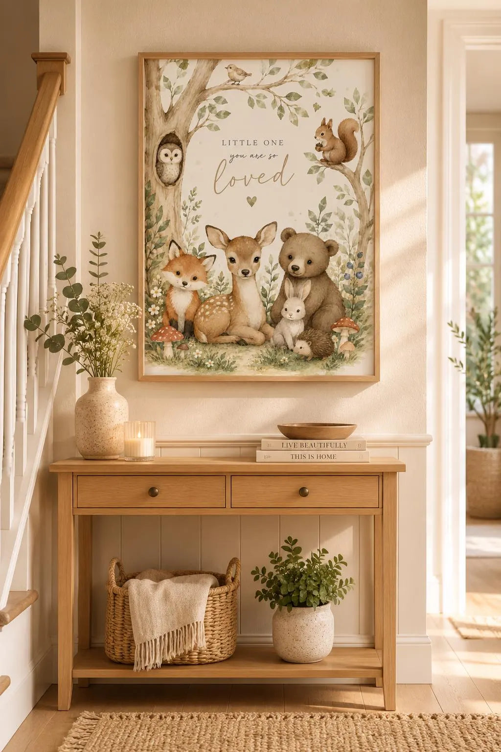 Woodland Nursery Wall Art Print, Neutral Watercolour Baby Room Decor with Fox, Deer, Bear & Bunny