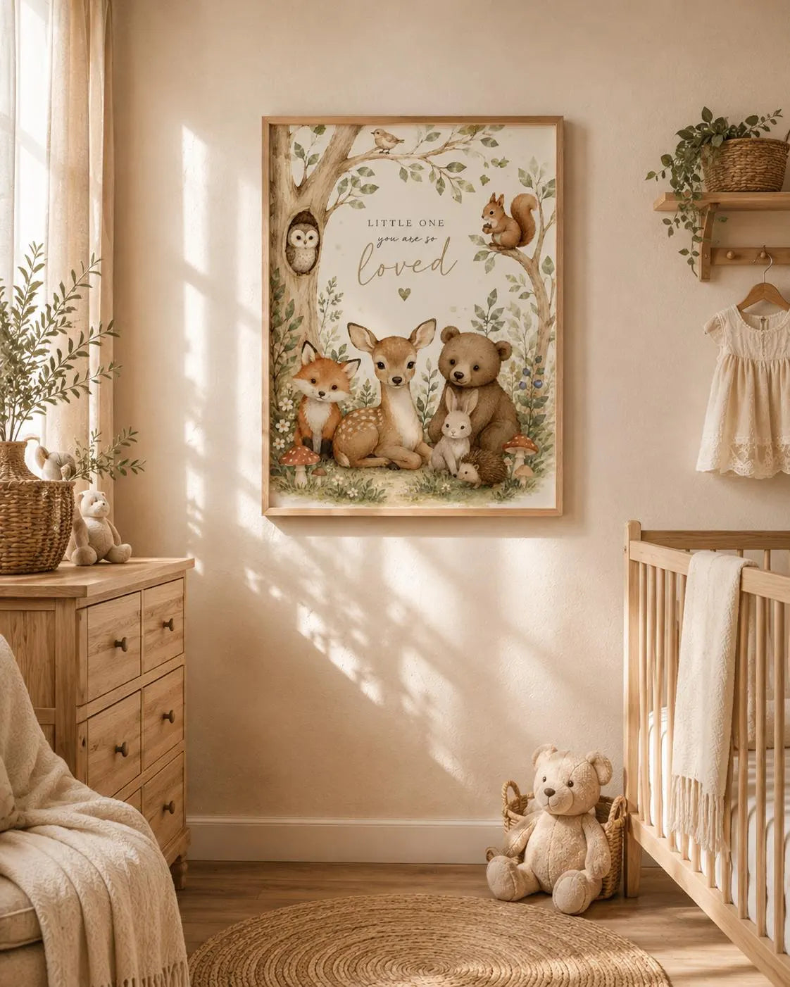Woodland Nursery Wall Art Print, Neutral Watercolour Baby Room Decor with Fox, Deer, Bear & Bunny