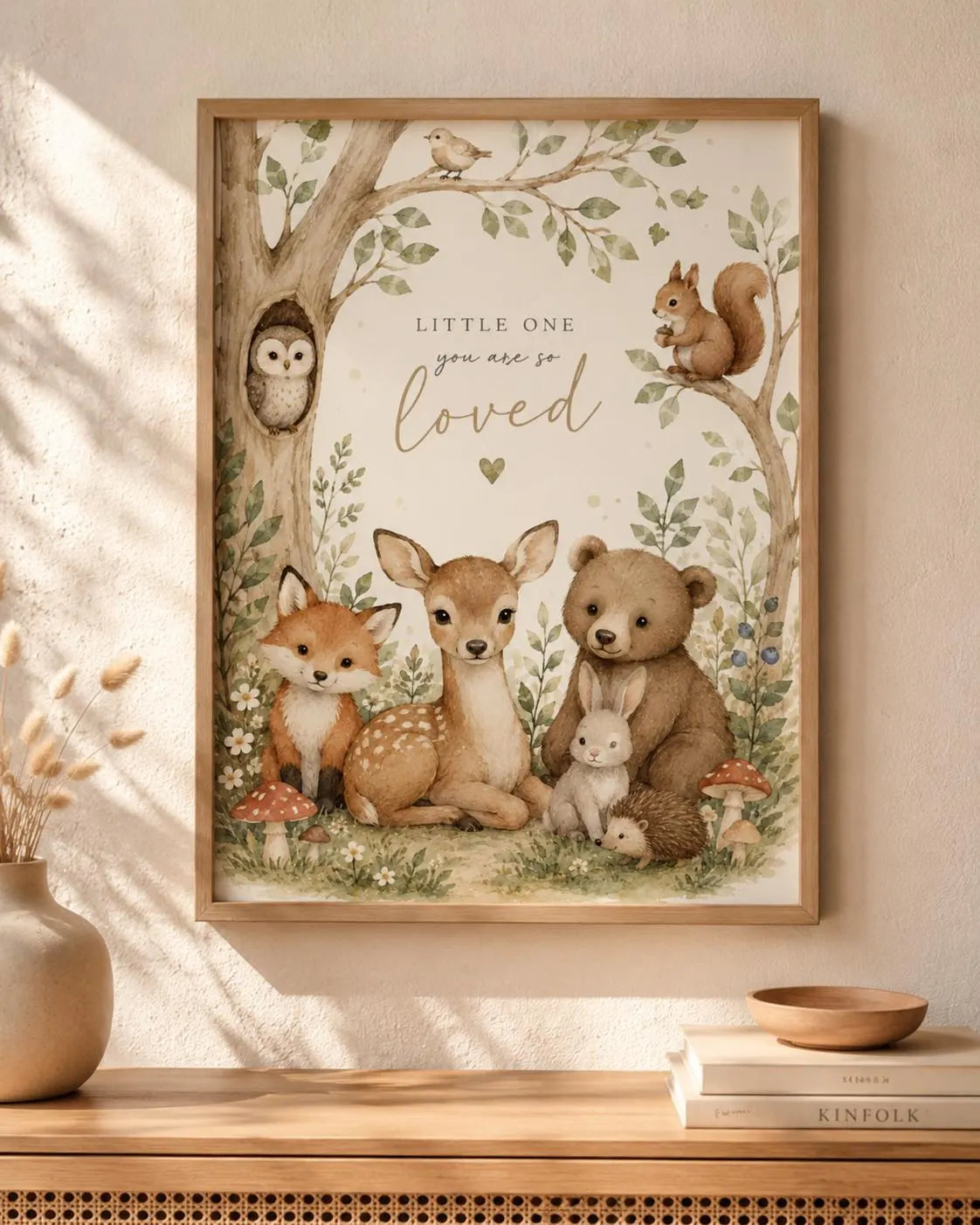Woodland Nursery Wall Art Print, Neutral Watercolour Baby Room Decor with Fox, Deer, Bear & Bunny
