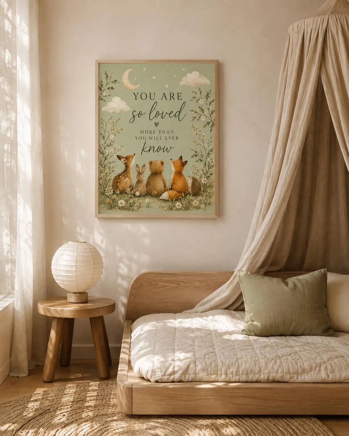 Woodland Nursery Wall Art Print, You Are So Loved Quote, Sage Green Baby Room Decor