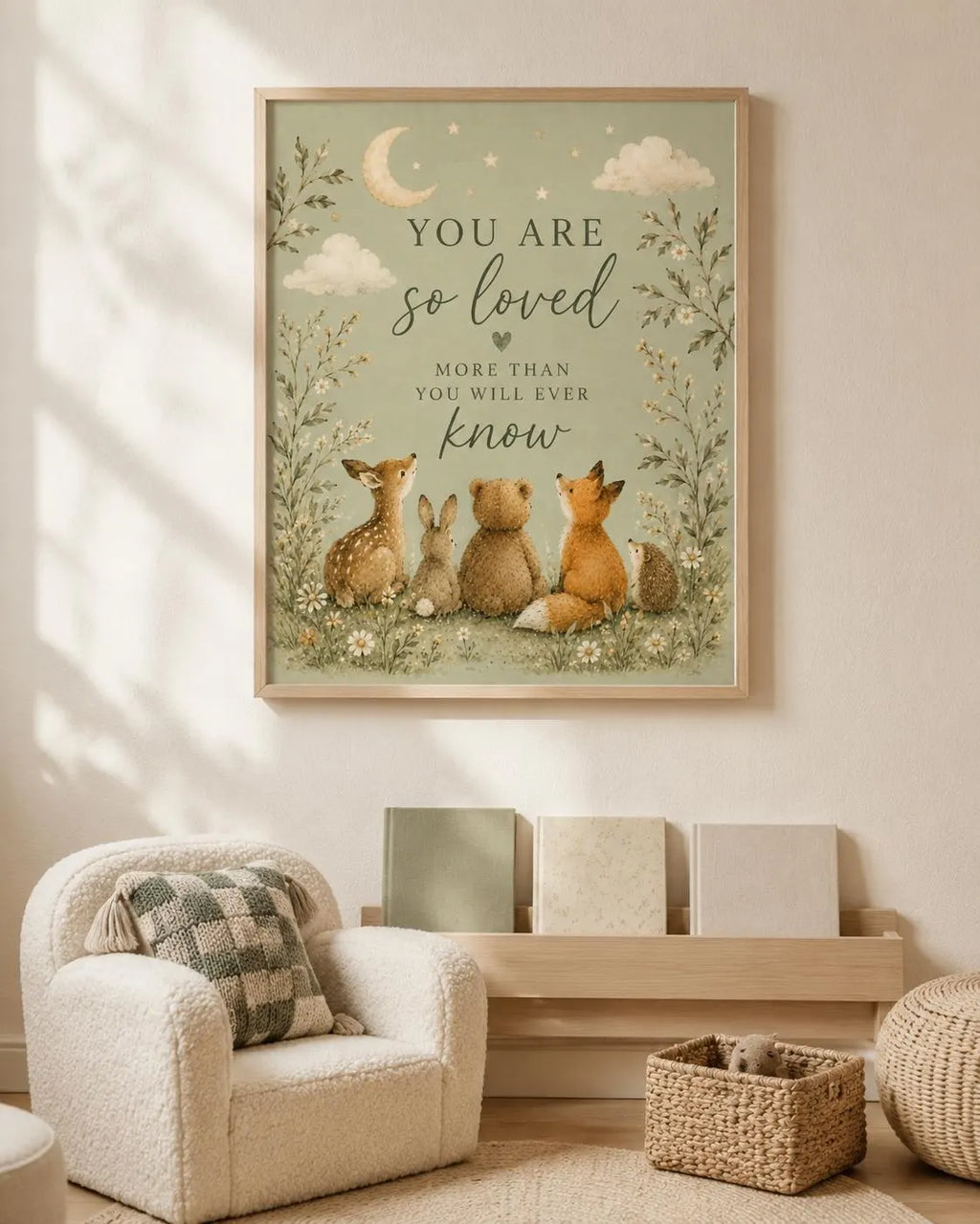 Framed Woodland Nursery Wall Art, You Are So Loved Quote, Sage Green Baby Room Decor