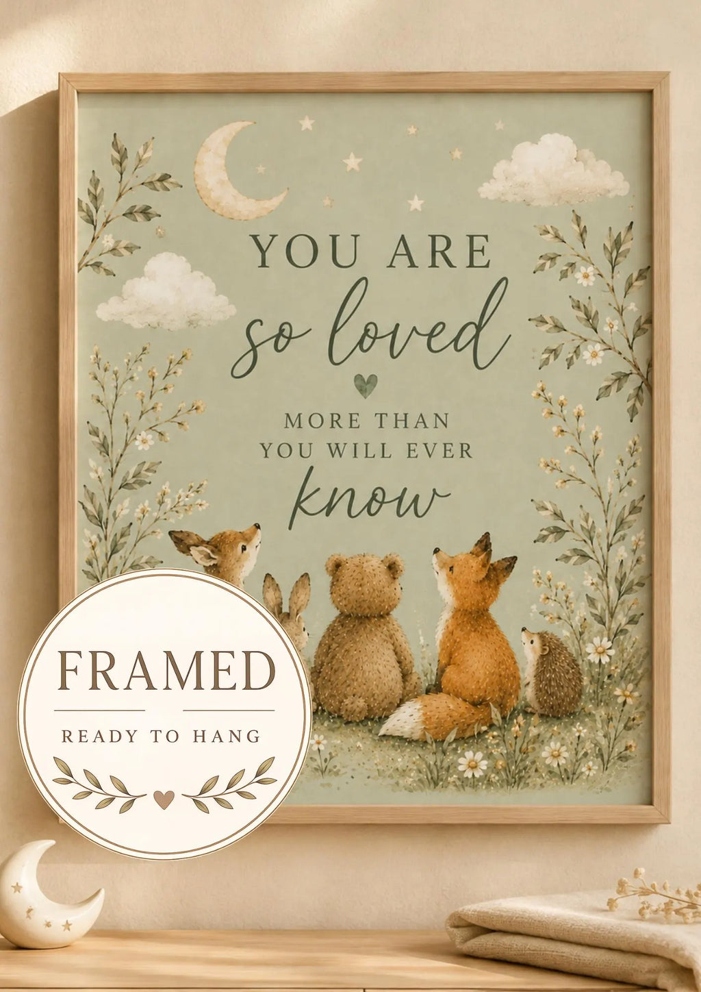 Framed Woodland Nursery Wall Art, You Are So Loved Quote, Sage Green Baby Room Decor
