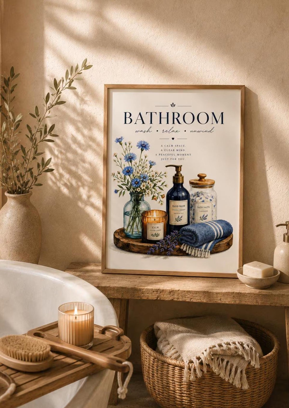 Framed blue floral bathroom print lifestyle mockup
