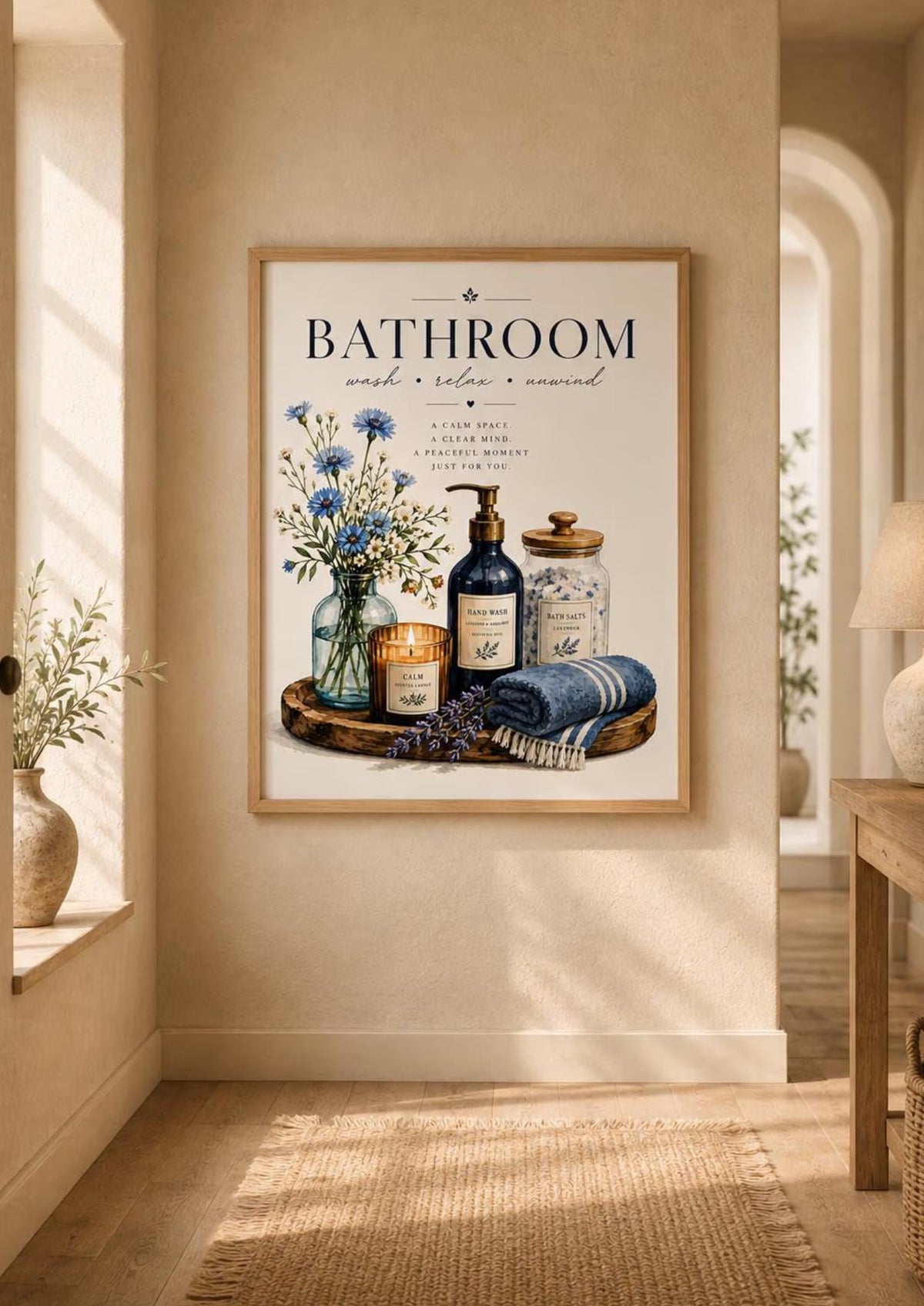 Cottagecore blue floral bathroom print room mockup