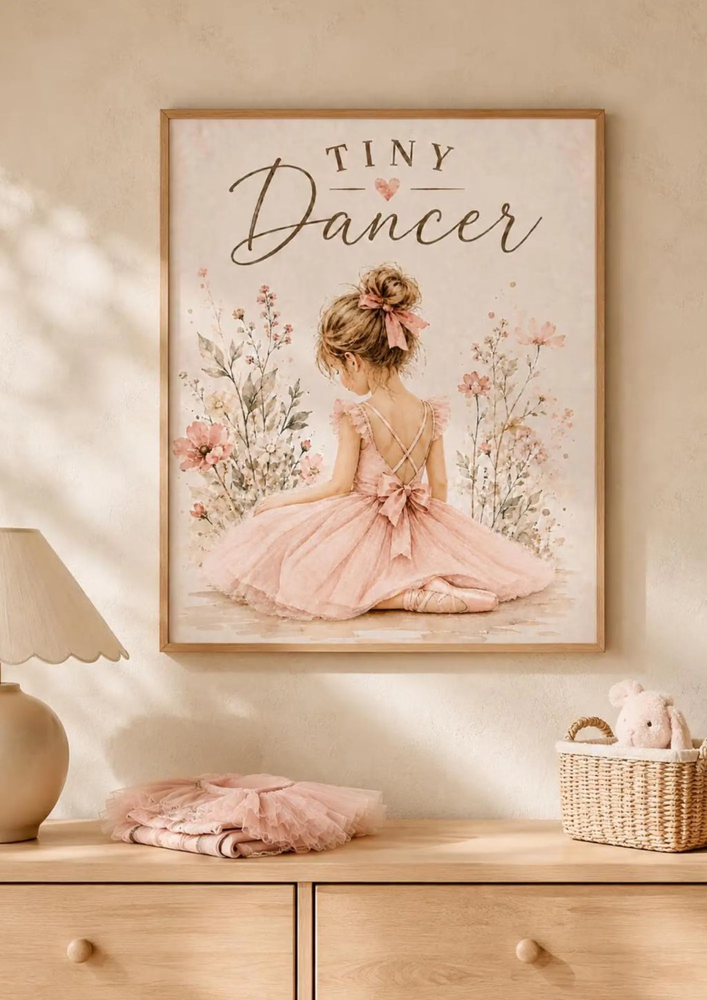 Framed Tiny Dancer Print, Pink Ballerina Wall Art, Girls Bedroom and Nursery Decor, Blush Floral Ballet Picture, Dance Gift for Her