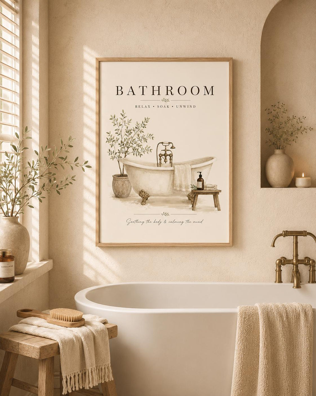 Scandinavian spa bathroom wall art room mockup