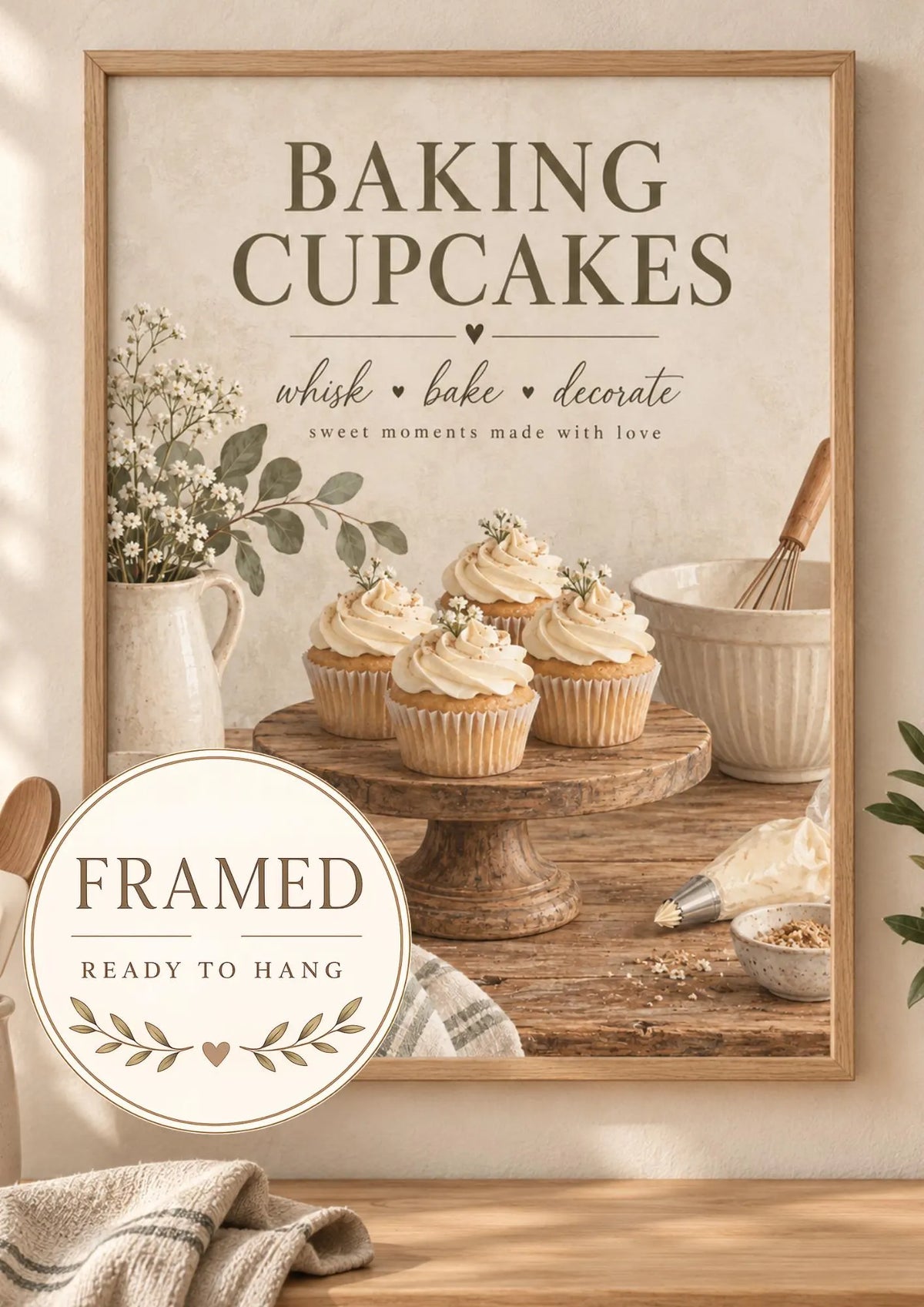 Framed Baking Cupcakes Wall Art Print, Farmhouse Kitchen Decor, Neutral Baker Gift, Rustic Cottagecore Food Illustration for Pastry Lovers