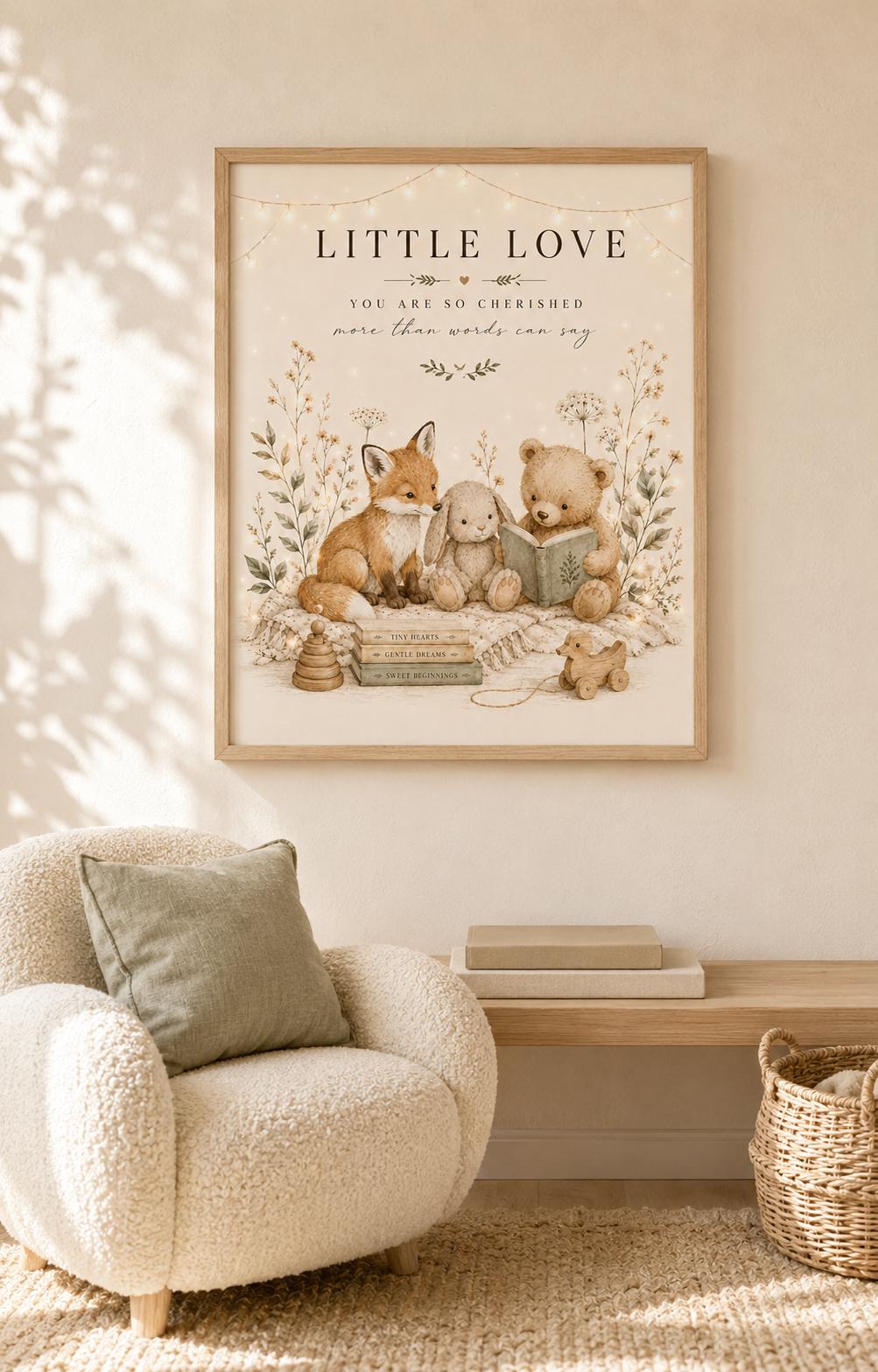 Woodland Nursery Print, Neutral Baby Room Wall Art with Fox Bunny and Bear, Little Love New Baby Gift, Scandinavian Children's Decor