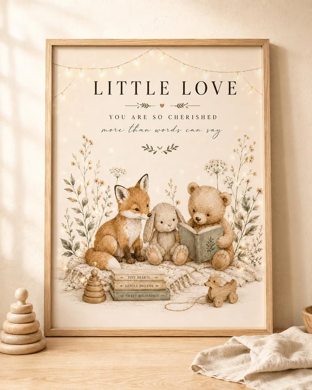 Woodland Nursery Print, Neutral Baby Room Wall Art with Fox Bunny and Bear, Little Love New Baby Gift, Scandinavian Children's Decor