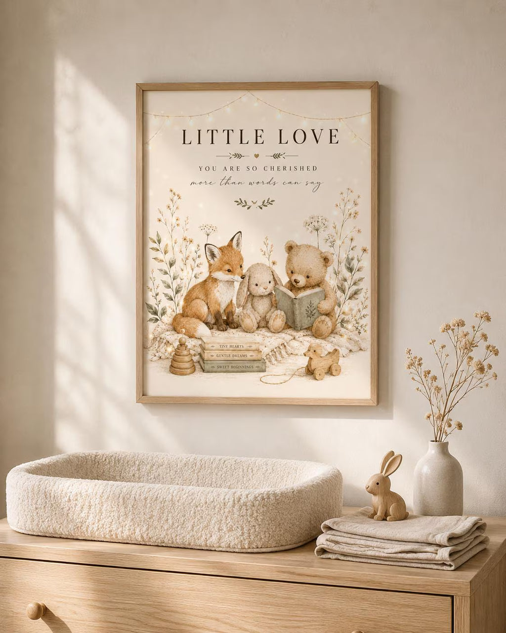 Woodland Nursery Print, Neutral Baby Room Wall Art with Fox Bunny and Bear, Little Love New Baby Gift, Scandinavian Children's Decor