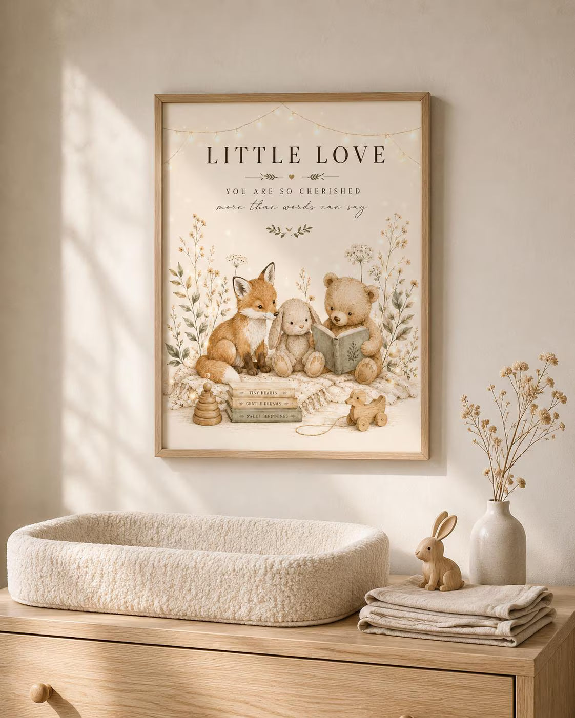 Woodland Nursery Print, Neutral Baby Room Wall Art with Fox Bunny and Bear, Little Love New Baby Gift, Scandinavian Children's Decor