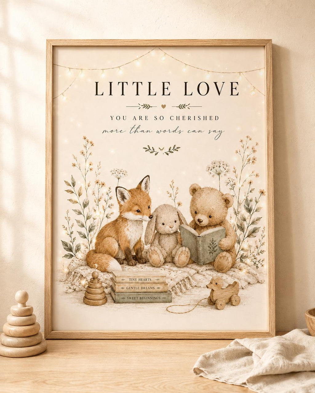 Framed Woodland Nursery Print, Neutral Baby Room Art with Fox Bunny and Bear, Little Love New Baby Gift, Scandinavian Children's Decor