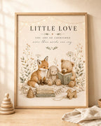 Framed Woodland Nursery Print, Neutral Baby Room Art with Fox Bunny and Bear, Little Love New Baby Gift, Scandinavian Children's Decor