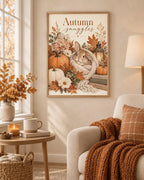 Autumn Bunny Print, Cosy Rabbit with Pumpkins, Florals and Lantern