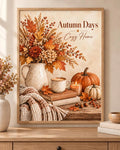 Autumn Wall Art Print with Pumpkins, Florals and Cosy Home Quote