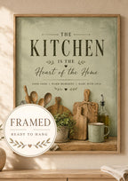 Framed sage green Heart of the Home kitchen print front image