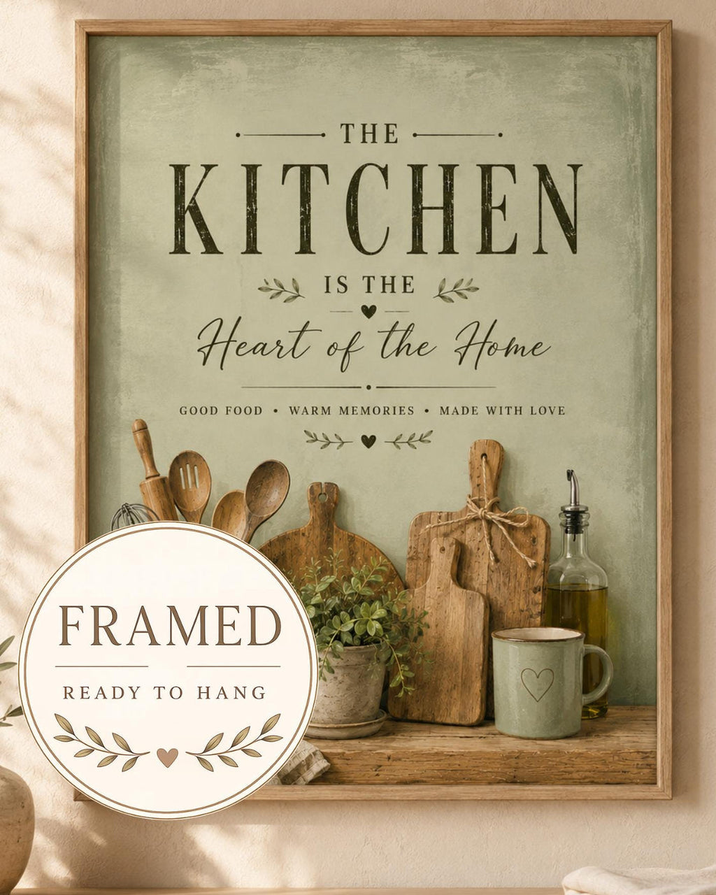 Framed Sage Green Heart of the Home kitchen print 4x5 front image