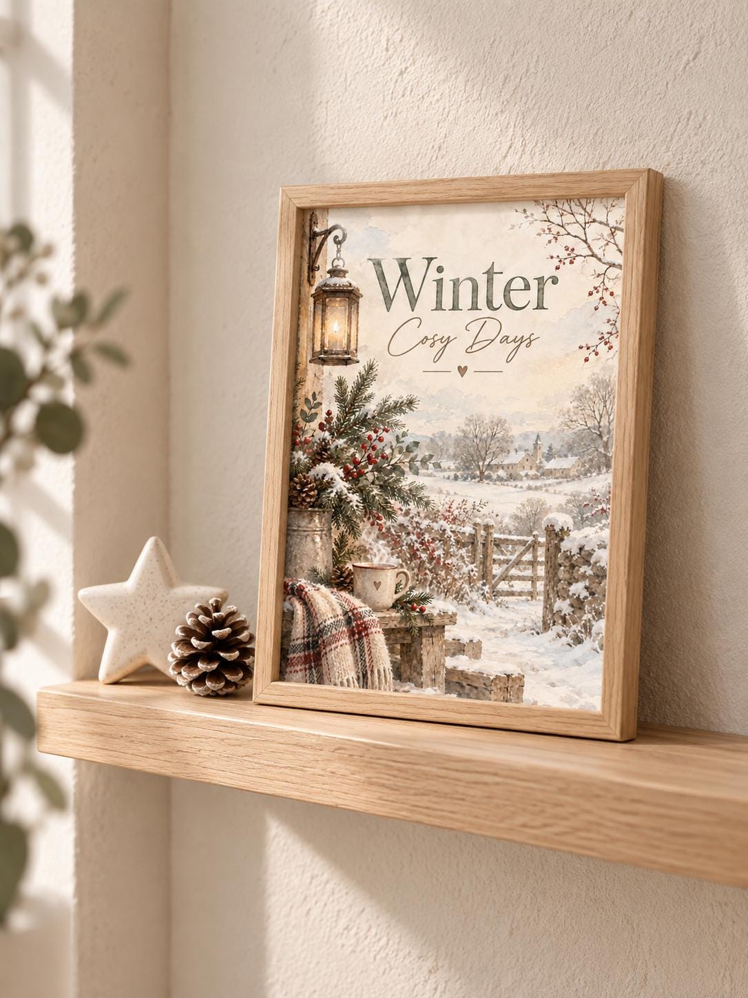 Framed winter cottage print lifestyle mockup