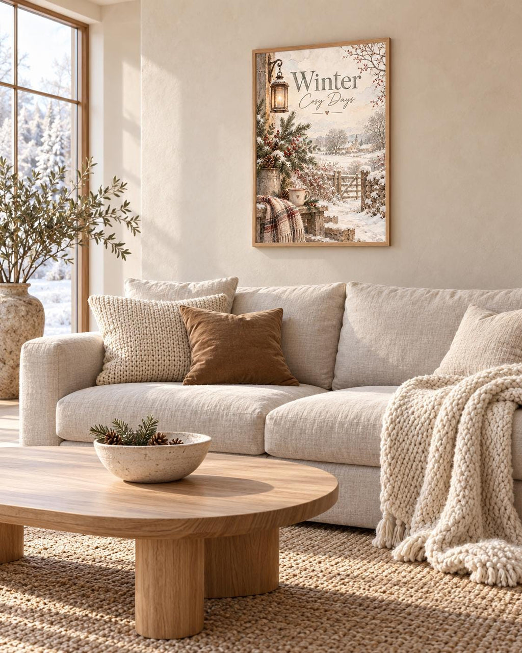 Framed Winter Cosy Days cottage print lifestyle mockup