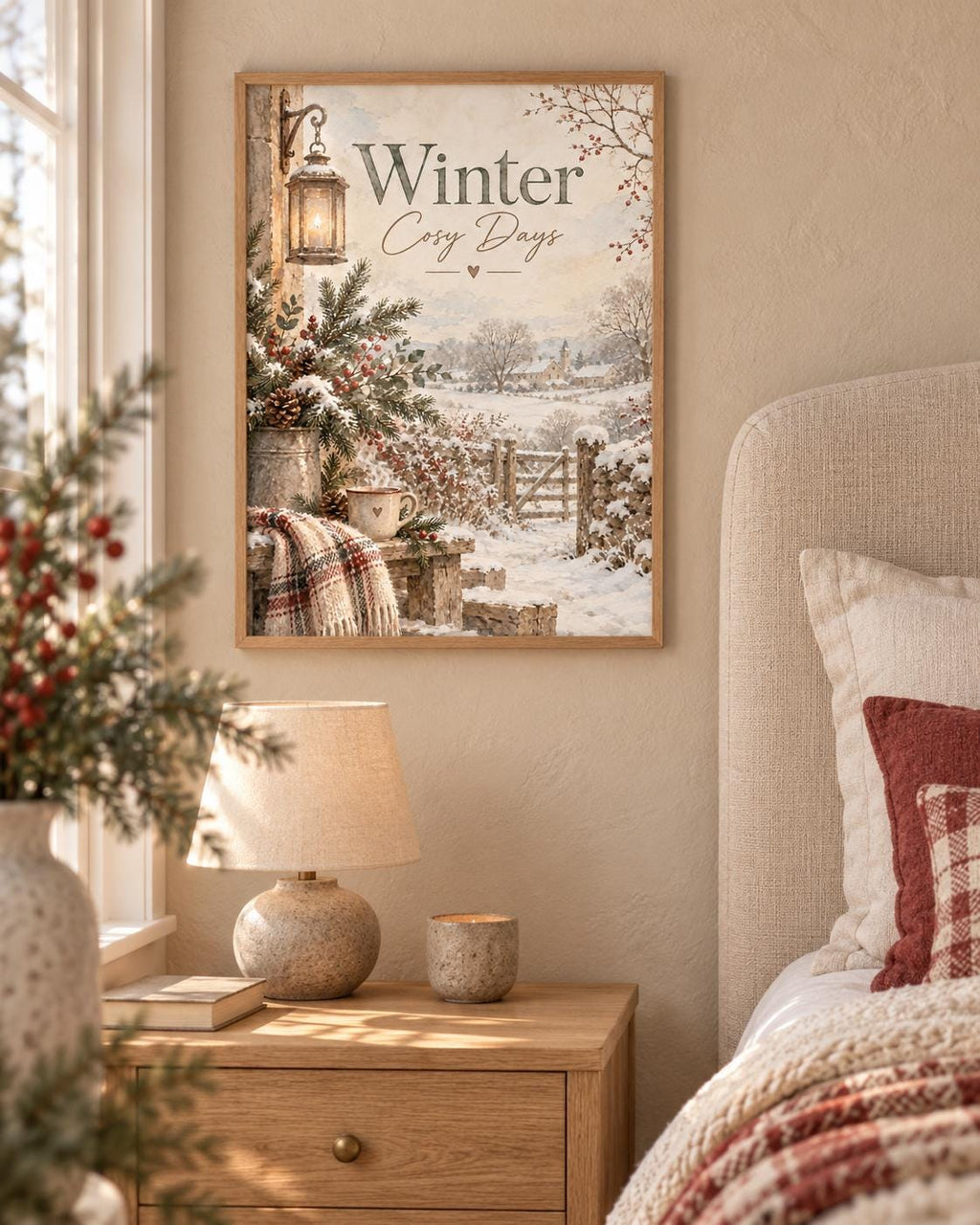 Framed snowy cottage winter print lifestyle mockup