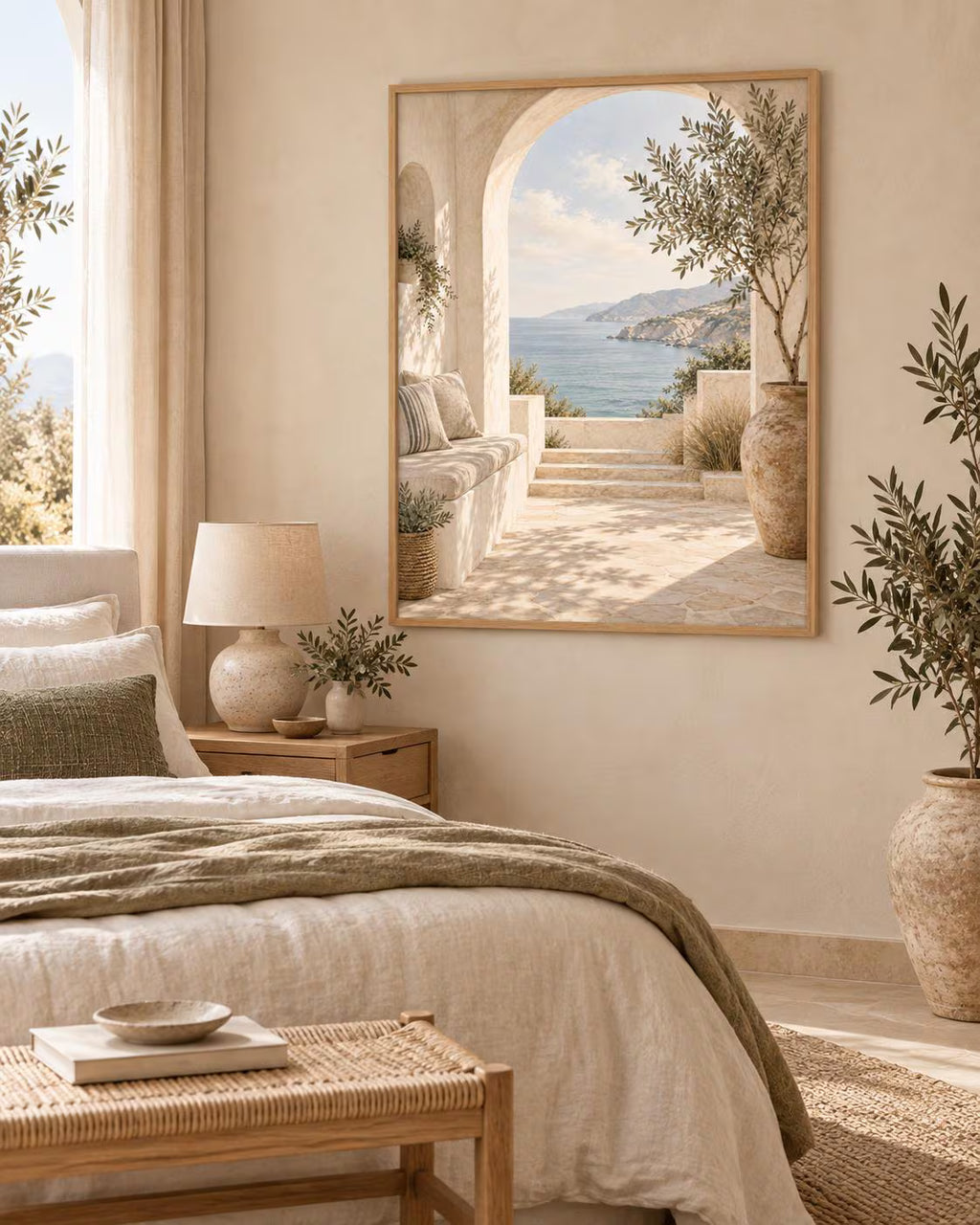 Mediterranean Archway Print, Neutral Coastal Sea View Wall Art