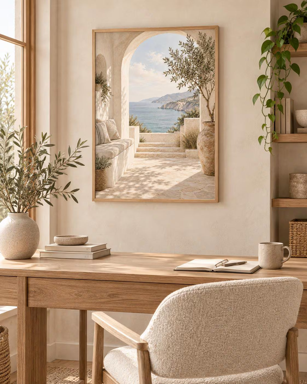 Mediterranean Archway Print, Neutral Coastal Sea View Wall Art